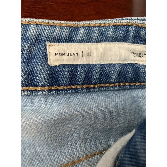 Pacsun Mom Jeans Two Tone Raw‎ Hem High Rise White Blue Sz 25 Straight Leg - Picture 4 of 8
